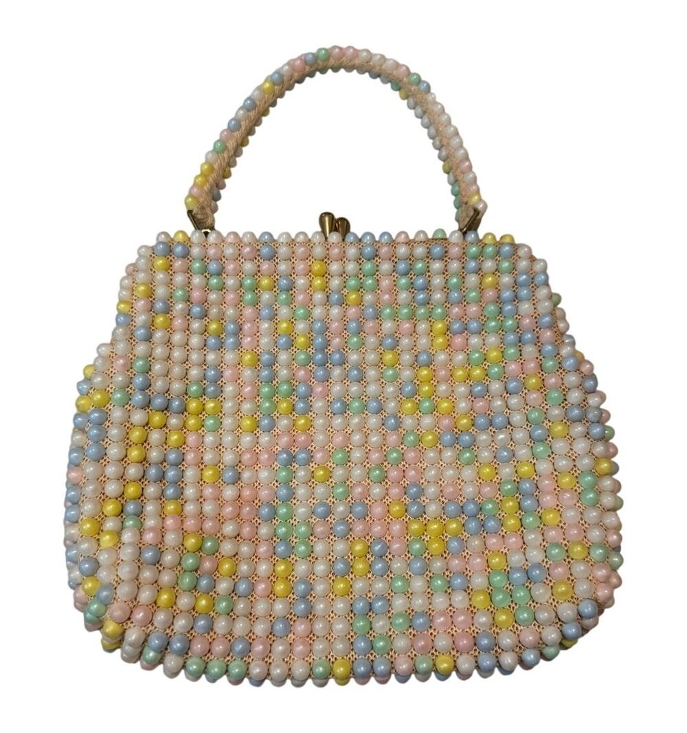 Vintage 1960 Pastel Plastic Handbag Candy Dot Bubble Bead Mid Century Hong Kong